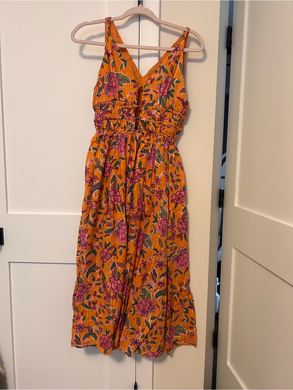Floral V-Neck Summer Midi Dress in Mustard and Pink